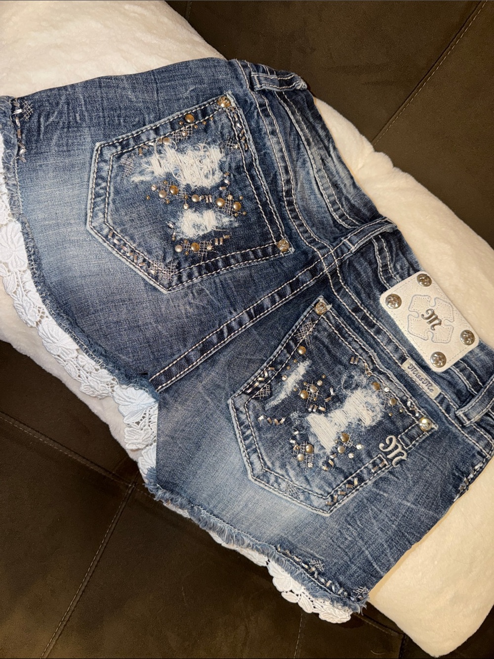 Miss Me Blue Distressed Denim shorts with Lace Hem - Picture 4 of 4